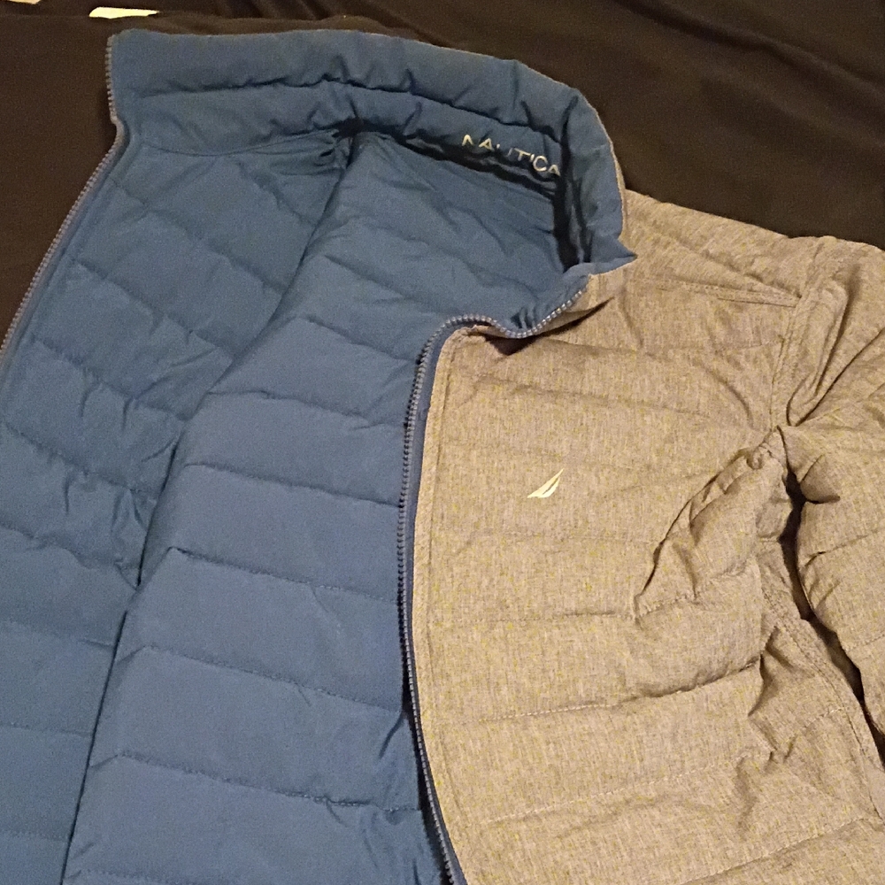 Nautica Men's Two-Tone Reversible Puffer Jacket in Blue and Gray